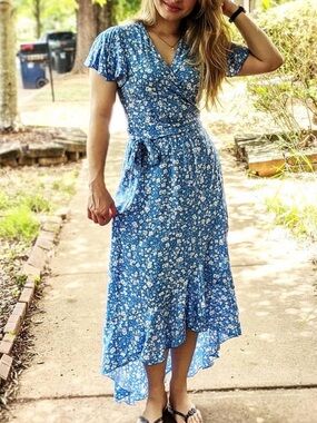 Blue Floral Maxi Dress with Smocked Waist - Women's Summer Maxi
